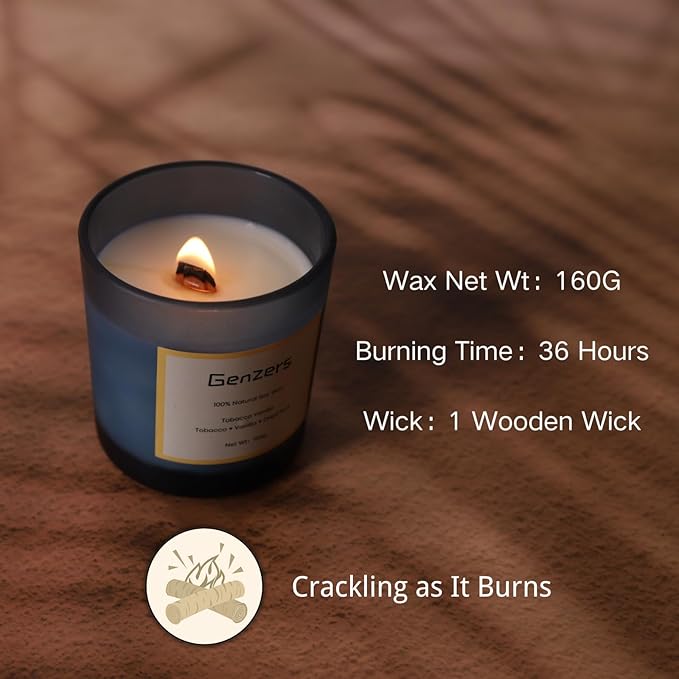 Tobacco Vanille Scented Candle,Crackling Wood Wick Candles Xmas Table Decorations,Aromatherapy Candle Gift for Men,Jar Candles Woody Soy Wax,Christmas Scented Candle Clean Burning