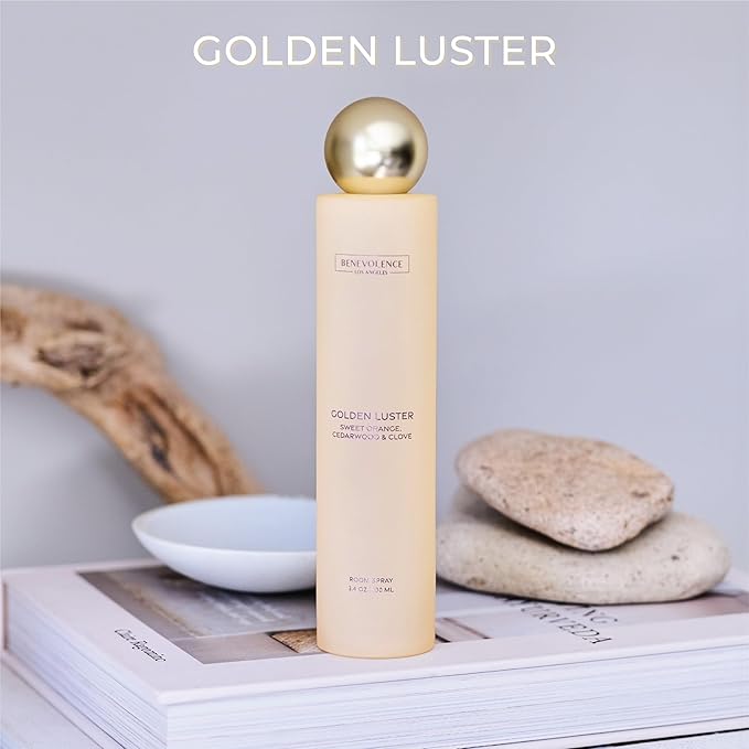 Benevolence LA Golden Luster Room Spray | Orange, Cedarwood & Clove | 3.4oz | Fall Home Fragrance, Pillow & Linen Spray | Low VOC, No Alcohol | Malibu Sands Collection