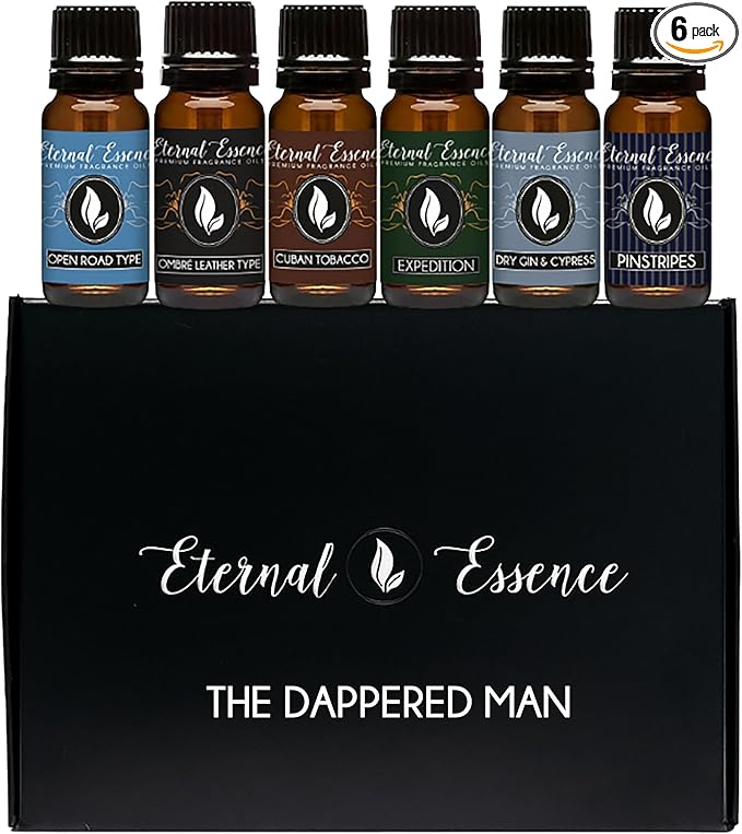 Eternal Essence Oils Dappered Man/Gentlemen Set of 6 Premium Fragrance Oils - Includes Cuban Tobacco, Dry Gin & Tonic, Expedition, Ombré Leather Type, Open Road Type, & Pinstripes Scented Oils - 10ML