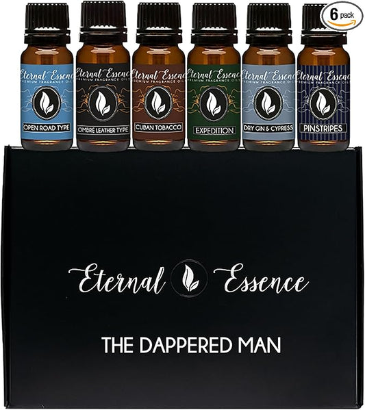 Eternal Essence Oils Dappered Man/Gentlemen Set of 6 Premium Fragrance Oils - Includes Cuban Tobacco, Dry Gin & Tonic, Expedition, Ombré Leather Type, Open Road Type, & Pinstripes Scented Oils - 10ML