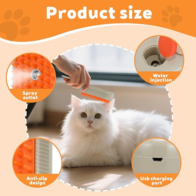 2025- New cat steam brush, 4-in-1 cat steam brush, for massaging and cleaning fallen pet hair, suitable for cats, dogs, rabbits and other pets (khaki + white) -2 pieces (Khaki color)