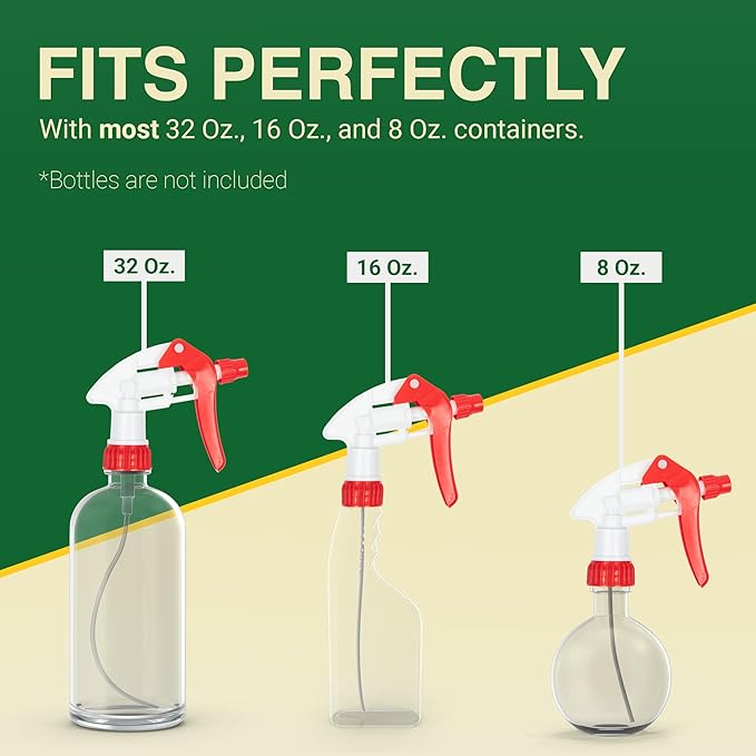 Heluva Green Spray Bottle Nozzle Replacement, Bottle Tops Only - Sprayer Nozzle Triggers for Heavy Duty, Commercial, Home Cleaning Solutions - Fits 8,16,24,32 oz Plastic & Glass Bottles, Red 24 pack
