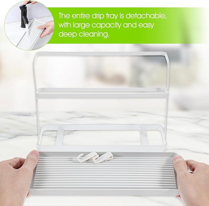 2 Pack Water Bottle Drying Rack with 2 Tier Holder – Space-Saving, Rust-Proof, Cup & Tumbler Organizer with Drain Tray & 2pcs Side Hooks for Kitchen Countertop (White, Carbon Steel)