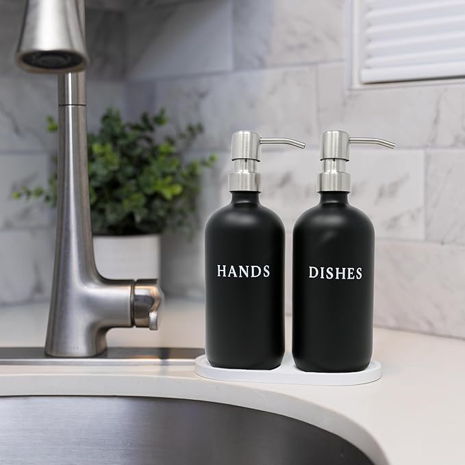 Black Glass Hand and Dish Soap Dispenser Set - Modern Farmhouse Sink Accessories - 16 oz Kitchen Sink Set With Tray, Stainless Pumps & Funnel