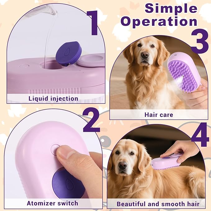 4-in-1 Pet Steam Brush for Dogs & Cats - Anti-Static Deshedding Grooming Tool with Massage & Cleaning for Long/Short Hair | Micro-B Rechargeable (Purple)