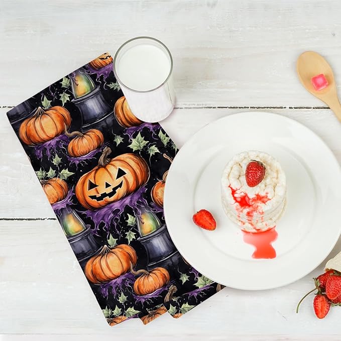 2 Pcs Halloween Spooky Ghost Kitchen Towels, Gothic Pumpkin Decorative Absorbent Microfiber Dish Cloth Tea Towel, Waffle Soft Hand Towels for Farmhouse Home Bathroom, Halloween Decor