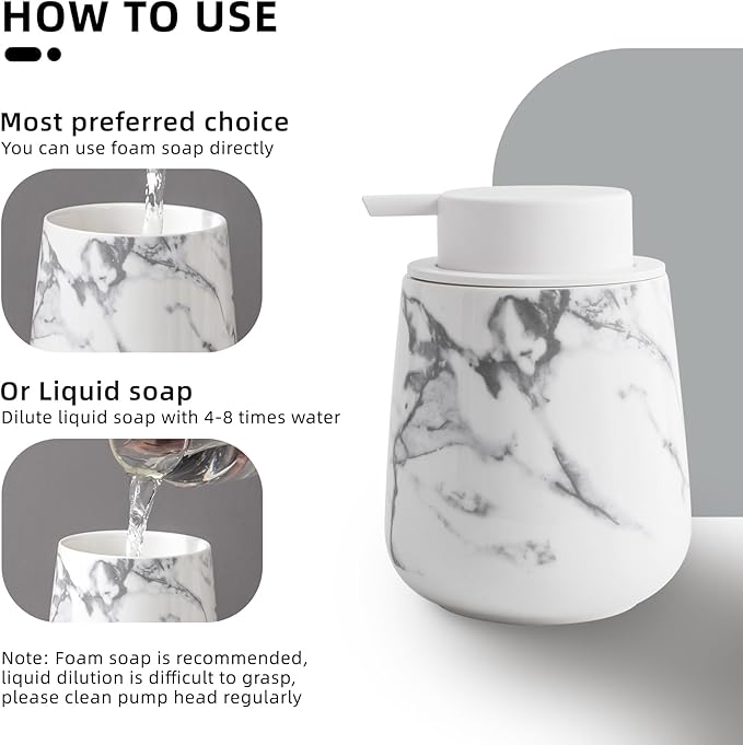 soap Dispenser Ceramic foaming soap Dispenser with Easy-to-Press Pump for Bathroom 12 oz refillable Liquid Hand soap Dispenser for Hand sanitizers, lotions