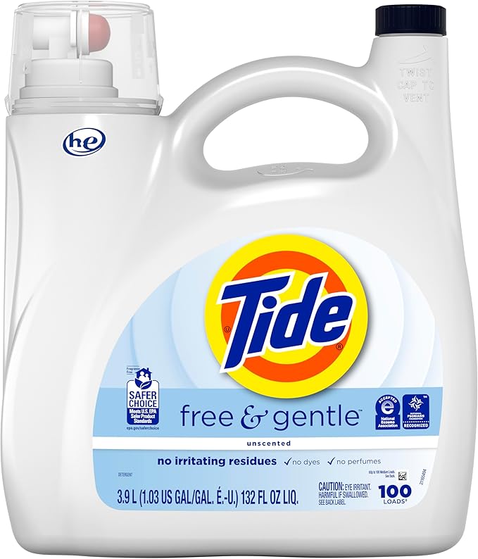 Tide Free & Gentle Liquid Laundry Detergent, 100 Loads, 132 fl oz, Tide Laundry Detergent, Clean Laundry Detergent