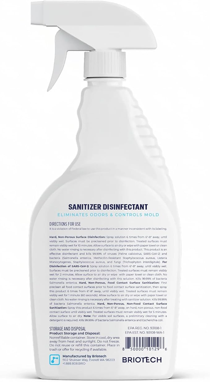 BRIOTECH Sanitizer Disinfectant Hypochlorous Spray, Kill 99.99% of Viruses & Bacteria, Control Mold, Eliminate Odor, Gentle for Nursery & Play Rooms, Food Contact Surface Sanitizer, 32 fl oz