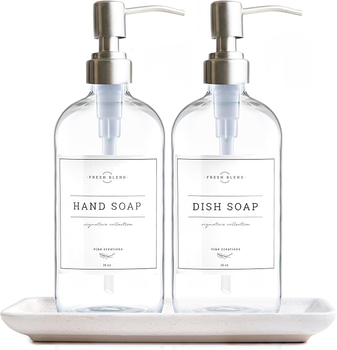 Vine Creations Glass Soap Dispenser, 2 Pack Kitchen Soap Dispenser Set with Ceramic Tray, Stainless Steel Pump, Dish Soap Dispenser for Kitchen, Hand Soap Dispenser Bathroom with Waterproof Labels