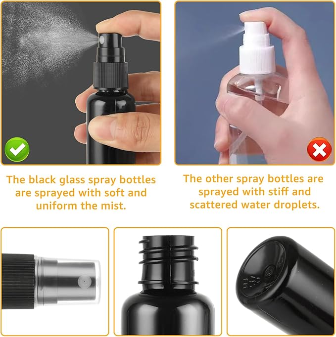 60 Pack 1 oz Spray Bottle, Black Spray Bottle with Small Fine Mist Spray and Plastic Cap, Refillable for for Essential Oils, Bath, Beauty, Hair & Cleaning