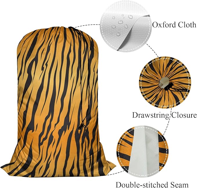 Swono Tiger Fur Laundry Bag with Drawstring Straps, Heavy Duty Extra Large Laundry Bags for Laundromat and Household, Stripe Animals Jungle Texture Washable Travel Dirty Clothes Bag Hamper Liner,