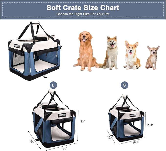 JESPET Soft Dog Crates Kennel for Pets, 3 Door Soft Sided Folding Travel Pet Carrier with Straps and Fleece Mat for Dogs, Cats(6-Lake Blue, Large(30" L x 21" W x 23" H))