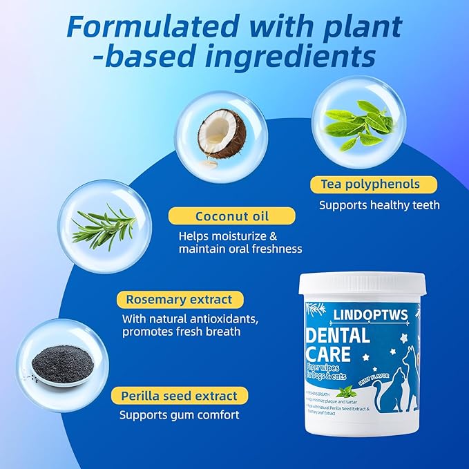 Dog Dental Wipes for Teeth Cleaning - Dog Tooth Wipes & Finger Toothbrush for Dogs, Waterless Formula Helps Fight Plaque and Tartar, Freshens Breath, Easy No-Rinse Oral Care 60 Count