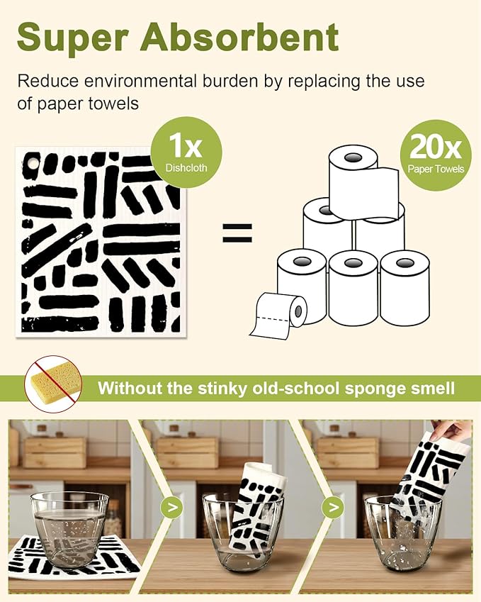 6 Pack Swedish Dishcloths for Kitchen - Reusable Dish Cloths for Washing Dishes Absorbent Cute Funny Kitchen Towels Cleaning Sponge, Line Drawing