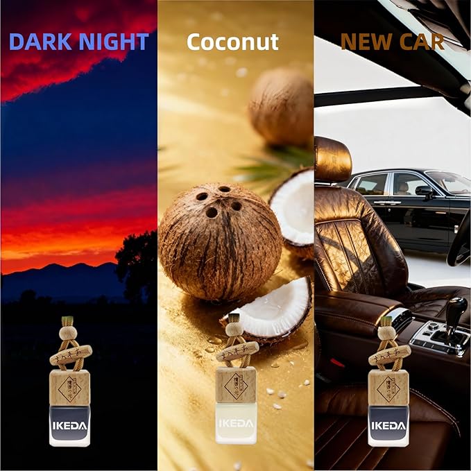 IKEDA Car Air Freshener, Essential Oil Diffuser for Car, Hanging Air Freshener Diffuser, 45+ days Long Lasting Fragrance, Includes: Dark Night and Coconut and New Car (10ml Pack of 3)