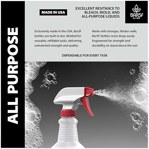Bar5F 16-Ounce Spray Bottles Heavy-Duty Leakproof Plastic Adjustable Nozzle Mist Stream for Cleaning Solutions, Plant, Hair, Bleach, Vinegar, Alcohol Safe Made in USA 4-pack