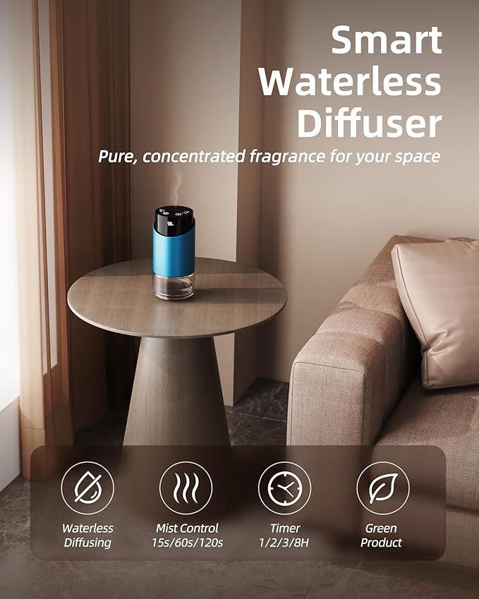 Waterless Essential Oil Diffuser Aromatherapy Scent Diffusers for Home Large Room, Car, Office, Desk, Mini Battery Operated Cordless Air Freshener, 4 Timers & 3 Mist Levels, 100ml Capacity (Blue)