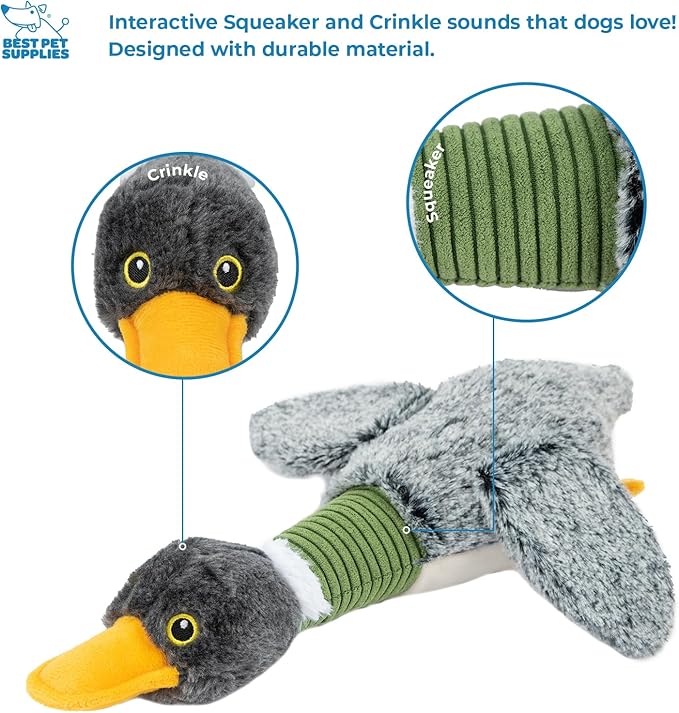Best Pet Supplies Interactive Squeaky Dog Chew Toy, Ideal Dog Toys for Chewers, Small, Medium & Large Dogs, and Fetch Lovers - Mallard Duck Wing (Gray), Large