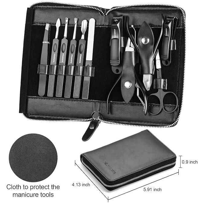FAMILIFE Professional Manicure Set, Manicure Kit, Nail Clippers Set, 11 in 1 Stainless Steel Black Pedicure Tool, Nail Kit with Portable Leather Travel Case Luxury Gifts