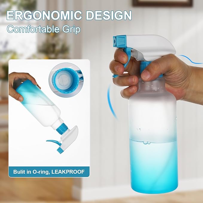 Plastic Spray Bottles 12oz 2 Pack Adjustable Mist/Stream Spraying Heavy Duty Square Water Spray Bottles for Hair, Cleaning Solutions, Plants, Essential Oils (Blue)