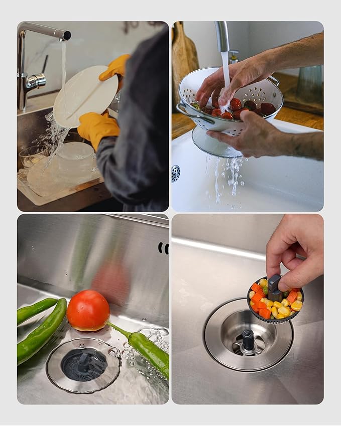 Hibbent Upgraded 3 in 1 Kitchen Sink Drain Strainer and Stopper Combo, Stainless Steel Metal Pop Up Sink Stopper, Anti-Clogging Basket with Foldable Handle for US Standard 3-1/2 Inch Drain