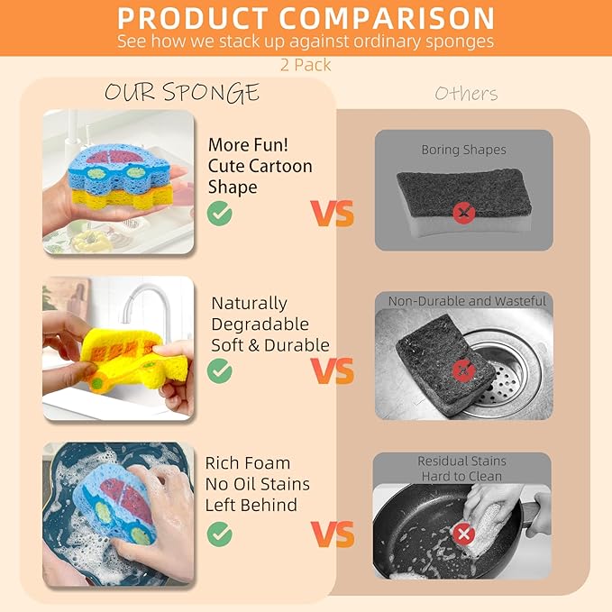 2 Pcs Cute Compressed Wood Pulp Cotton Sponges, Reusable and Highly Absorbent for Dishwashing, Kitchen Surfaces, and Bathroom Cleaning, Bus and Car-Shaped