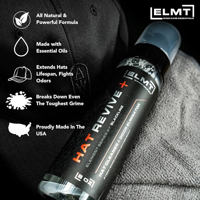 Blackline ELMT Hat Cleaning Kit — Quick-drying, US-Made, Cleans 50+ Hats — Hat Cleaner for Baseball Caps of all Materials Cotton, Wool, Leather, Felt and more (8oz Solution, Deodorizer, Towel & Brush)