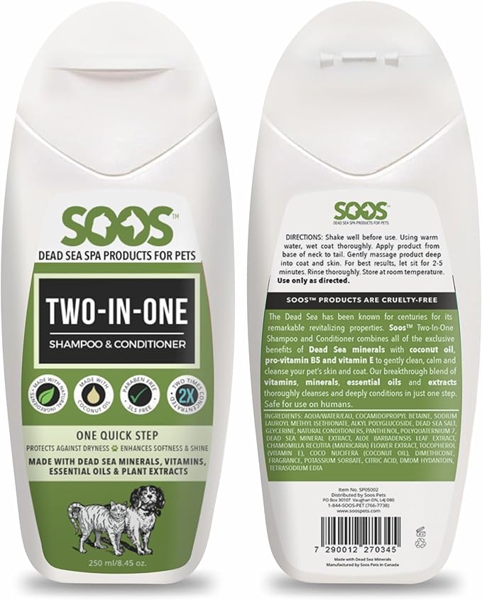 Soos Pets Two-in-One Shampoo Plus Conditioner for Dogs & Cats | 2-in-1 Natural Dead Sea Minerals | Cleansing & Moisturizing Formula | Gentle on Skin, Promotes Soft Shiny Coat - 250ml