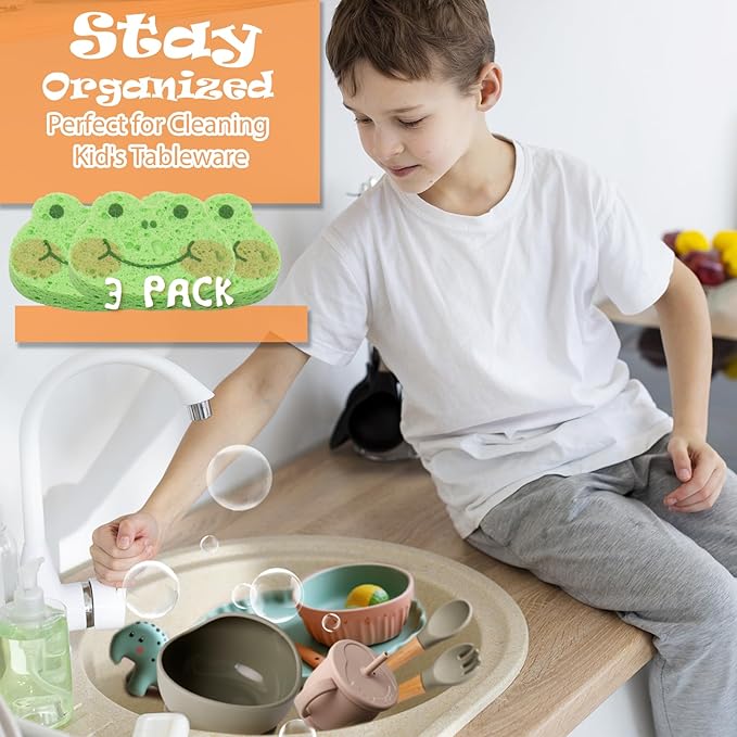 3 Pcs Cute Compressed Wood Pulp Cotton Sponges, Frog Animal-Shaped Reusable and Highly Absorbent for Dishwashing, Kitchen Surfaces, and Bathroom Cleaning