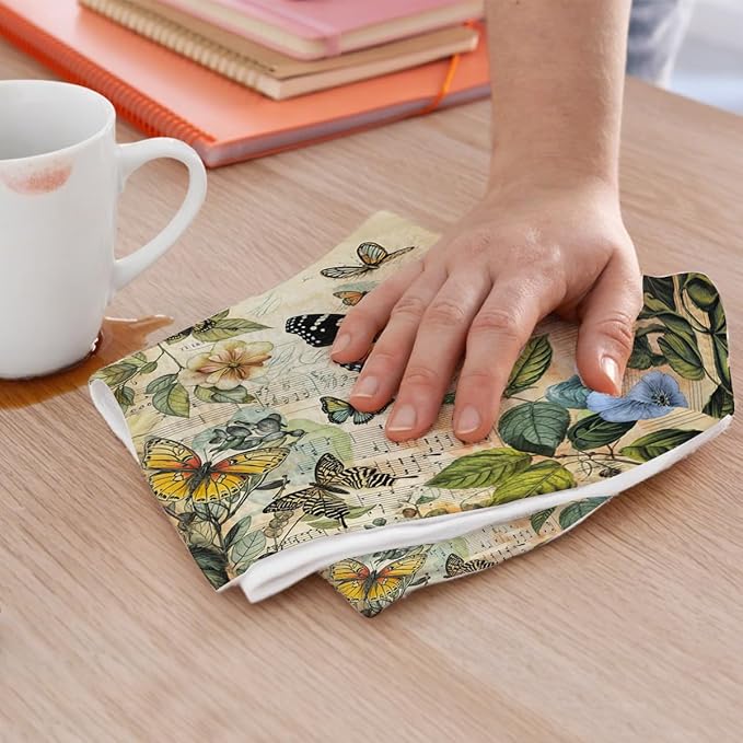 2 Pcs Vintage Butterfly Kitchen Towels, Rustic Botanical Decorative Absorbent Microfiber Dish Cloth Tea Towel, Artistic Waffle Soft Hand Towels for Farmhouse Home Bathroom, Butterfly Gifts 2