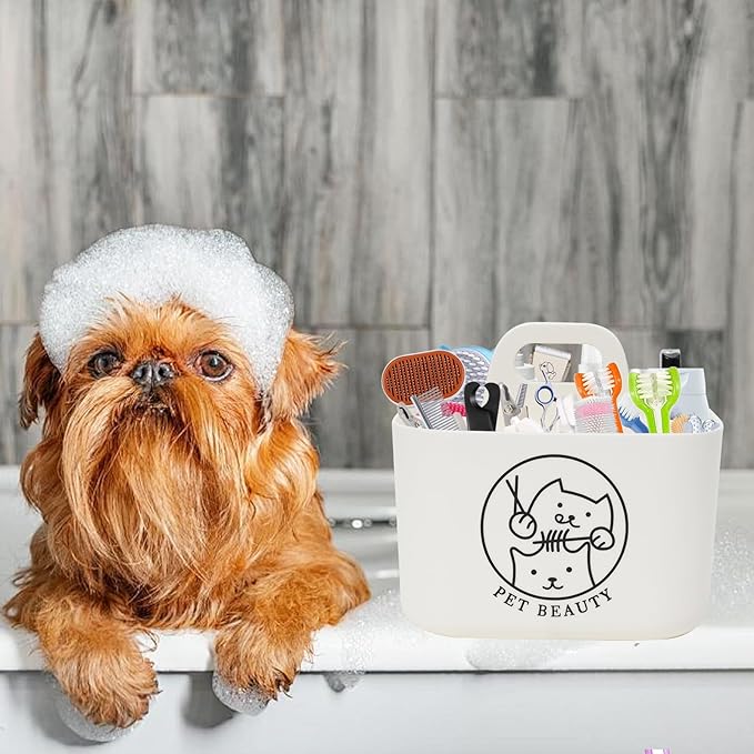 Dog Storage Organizer for Grooming Supplies,4-Compartment Caddy for Dog Cat Grooming Kit,Pet Stuff Storage,Ieal for Shampoo,Trimmer,Clipper,Combo,Brush-Modern Minimalist White