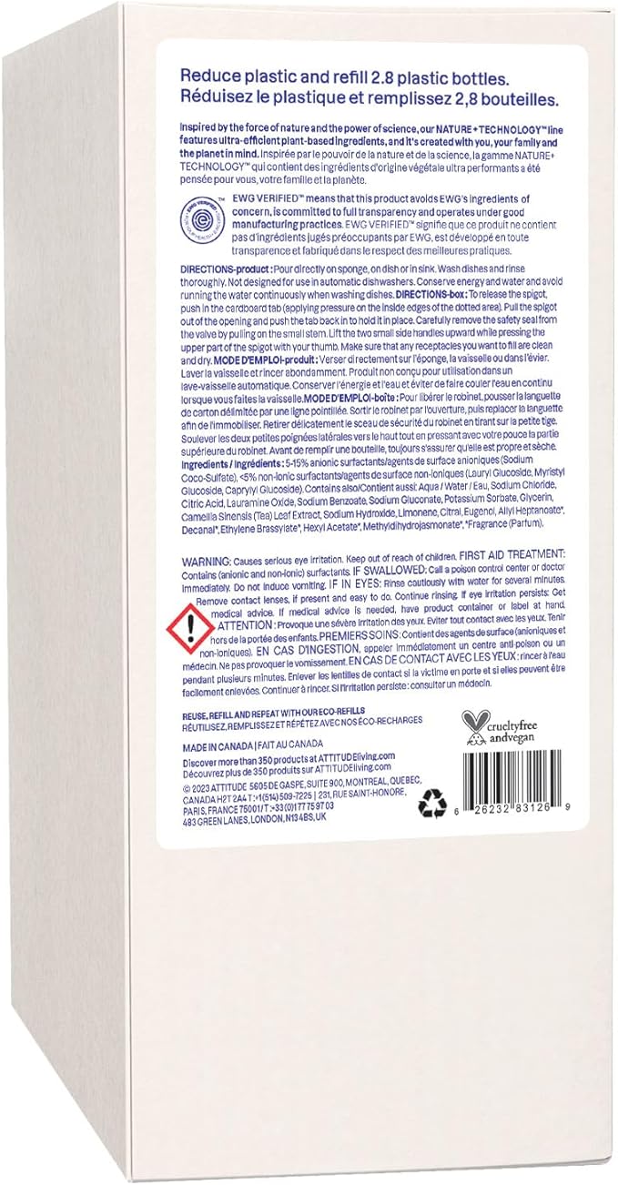 ATTITUDE Dish Soap Refill, EWG Verified, Plant-Based & Vegan Dishwashing Liquid, Naturally Derived, Pink Grapefruit, 67.6 Fl Oz
