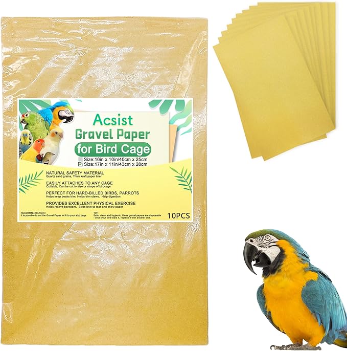 10PCS Gravel Paper for Bird Cage, 17 x 11 inch Cuttable Sea Sand Paper Liners, Calcium Sandpaper for Hard-Billed Birds, Bird Cage Liners for Parrots,Cockatiels & All Your Feathered Friends