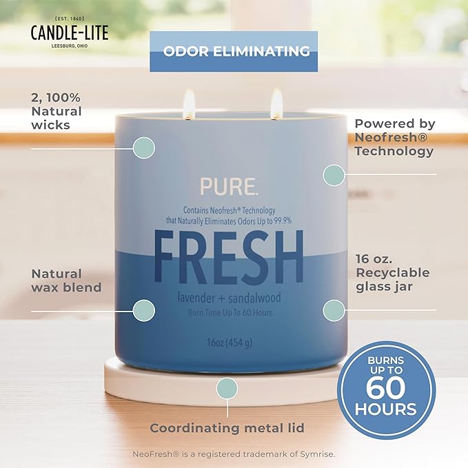 Candle-Lite Pure Lavender & Sandalwood Odor Eliminating Scented Candles, Neofresh Technology Eliminates 99.9% of Odors, 16 oz 2-Wick Jar, Proudly Poured in The USA, Up to 60 Hours Burn Time