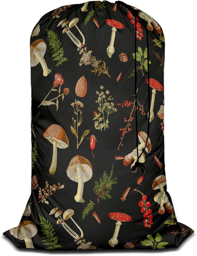 Swono Mushrooms Laundry Bag Drawstring Closure Fall Jungle Theme Floral Cherry Exotic Botanical Plant Heavy Duty Laundry Portable for College Dorm Room Essentials for Travel Camp