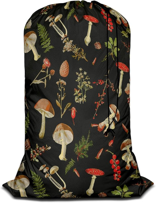 Swono Mushrooms Laundry Bag Drawstring Closure Fall Jungle Theme Floral Cherry Exotic Botanical Plant Heavy Duty Laundry Portable for College Dorm Room Essentials for Travel Camp