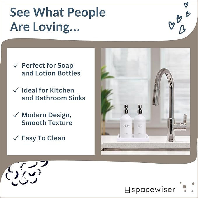 Countertop and Vanity Tray - Small 7.7” Silicone Tray for Soap Dispenser, Bathroom Trays, Dish Soap Trays for Kitchen Counter, Sink Caddy Sinks Organizer, Soaps Dish & Sponge Holder, White