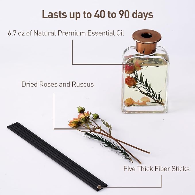 Rose Petal Botanical Essential Oil Reed Diffuser Set/6.7oz/Floral Nuances of Roses,Sage,Ruscus/Decorative Air Freshener/Home, Office, Room Décor/Aromatherapy Gift/Scentsy Home Fragrance
