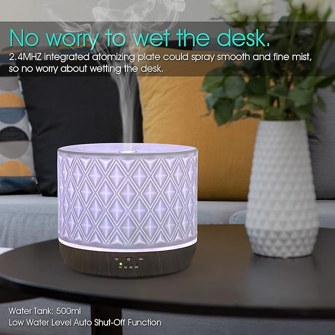 Earnest Living Essential Oil Diffusers for Essential Oils Large Room Diffuser White Ceramic Diffuser 500ml Aromatherapy Diffuser with 4 Timers 7 Night Lights and Auto Off Function for Home Gift