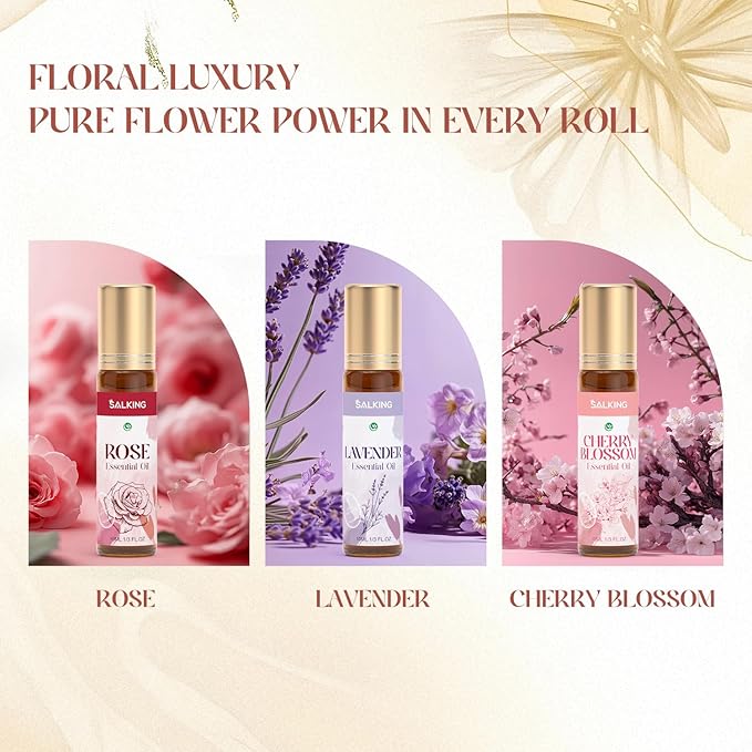 SALKING Essential Oils Roll On Set with Dried Flowers(6 Pack), Aromatherapy Oil with Roller Ball for Skin Use, Natural Fragrance Gift - Rose, Lavender, Cherry Blossom, Jasmine, Mint, Rosemary