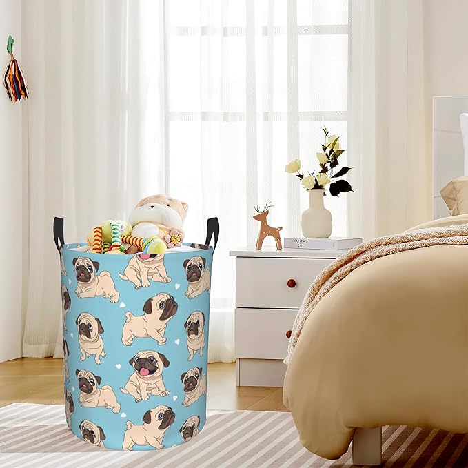 Funny Cartoon Pugs Puppies Laundry Basket,Waterproof Foldable Laundry Hamper,Dirty Clothes Laundry Basket, Linen Bin Storage Organizer for Toy Collection 16" x 20"