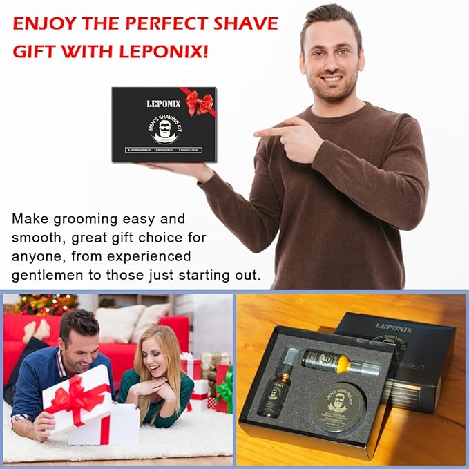 LEPONIX Men's Shaving Kit Gift Set- Sandalwood Shaving Cream, After Shave Lotion & Pre Shave Oil - Fights Razor Burn, Nicks & Cuts - Luxury Grooming Essentials for Men, Husband - Stocking Stuffers