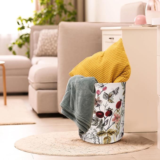Retro Flower with Plants Laundry Basket,Waterproof Foldable Laundry Hamper,Dirty Clothes Laundry Basket, Linen Bin Storage Organizer for Toy Collection 16" x 20"