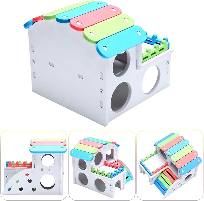 3 Pieces Fun Hamster Toys Guinea Pig Hideout Include PVC Hamster House, Rainbow Bridge, Seesaw Toy DIY Exercise Play Toys for Rats Mouse Small Animals(Small,Rainbow Color)