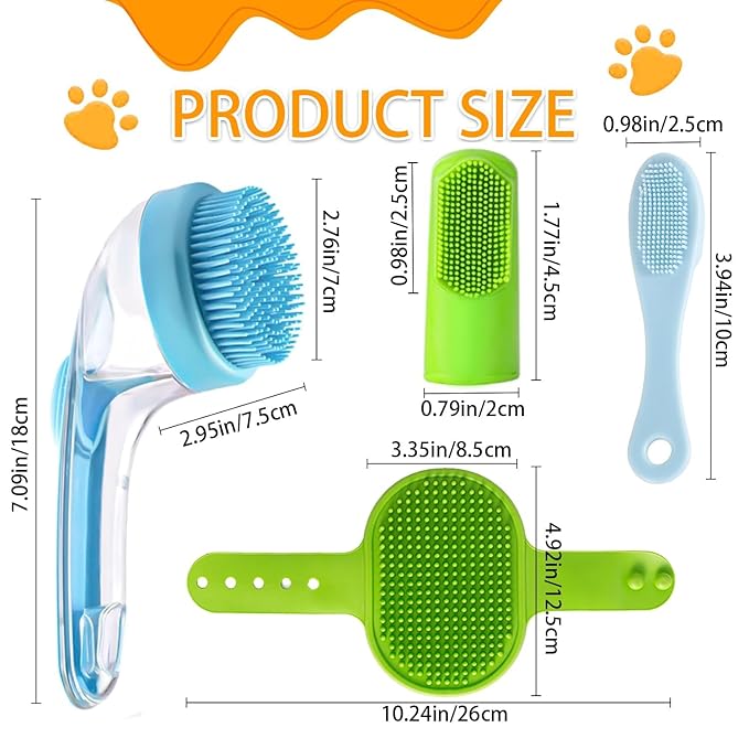7 PCS Pet Bath Brush Set, Dog Bath Brush with Shampoo Dispenser, Cat Chin Cleaning Brush, Dog Toothbrush, Adjustable Glove Massage Brush, Pet Scrubber for Bathing Long Short Haired Dogs Cats (Yellow)