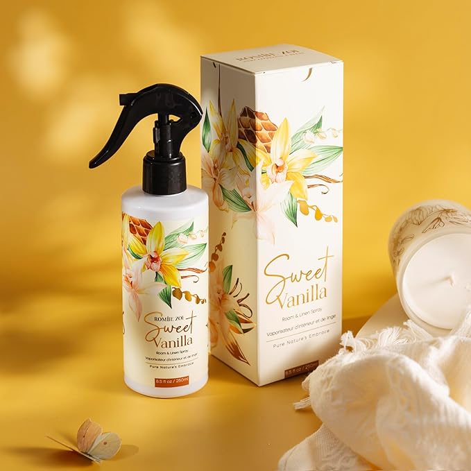 ROMIIE ZOI Linen & Room Air Freshener Spray Room Mist, with Natural Plant Extract, Scented Room Spray for Home Fragrance Fabric Spray Freshener Sweet Vanilla, 8.5 FL OZ