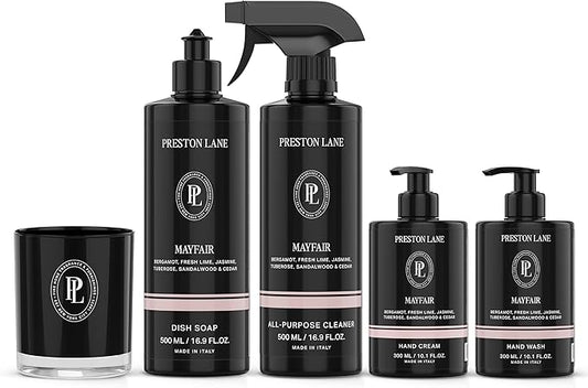 Preston Lane Signature Home Set – All Purpose Cleaner, Dish Soap, Hand Wash, Hand Cream & Scented Candle | Plant-Powered Cleaning & Care Essentials with Fine Italian Fragrance, Mayfair