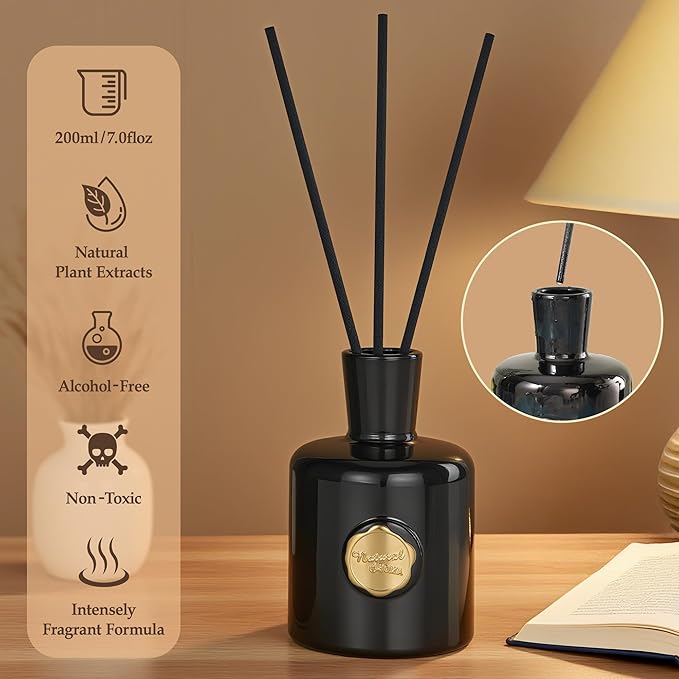 XEPTLE Reed Diffuser Set, 7.04 oz Oud & Bergamot Scent Diffuser with 5 Sticks, Long Lasting Air Freshener, Essential Oil Reed Diffuser for Home, Home Fragrance for Office, Bathroom Shelf Decor, Black