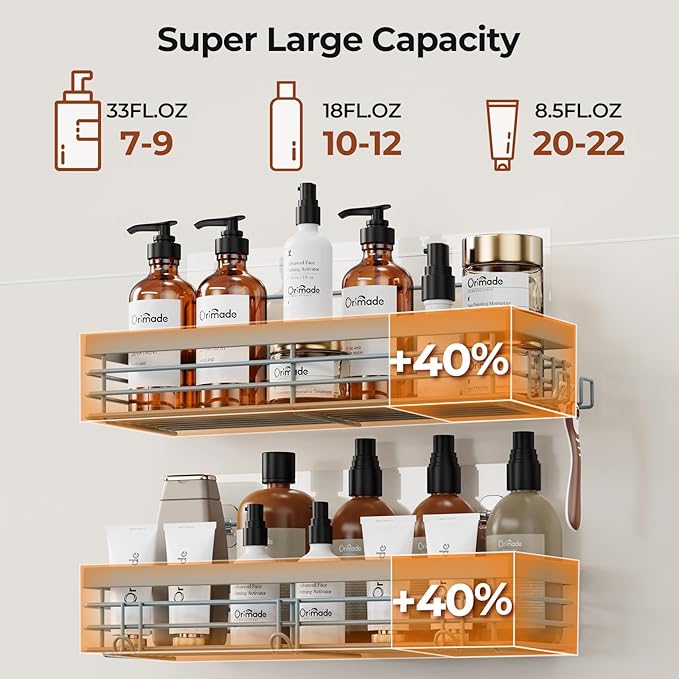 Orimade Shower Caddy with 5 Hooks for Hanging Razor and Sponge Adhesive Shower Shelf Basket Bathroom Storage Organizer Kitchen Rack No Drilling Stainless Steel Rustproof - 2 Pack, Light Blue Grey